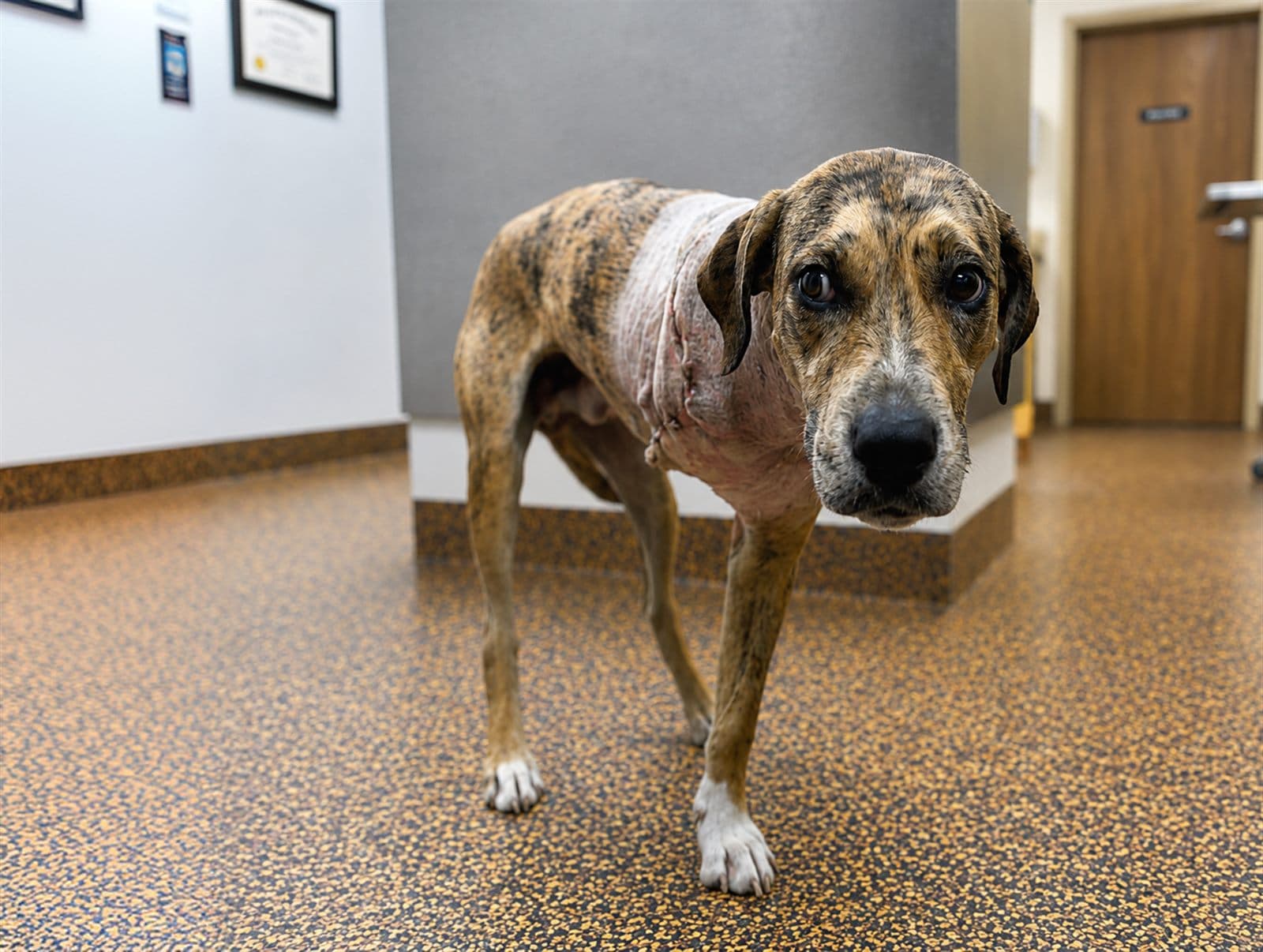 A rescue dog recovering in veterinary care A rescue dog recovering in veterinary care
